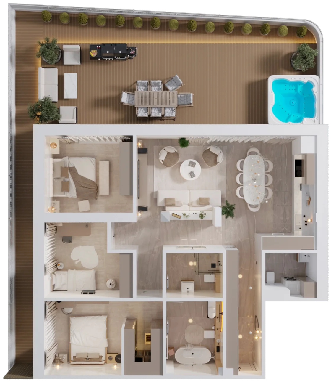 Pôdorys penthousu z vtáčej perspektívy: terasa, denná zóna, tri spálne a kúpeľne