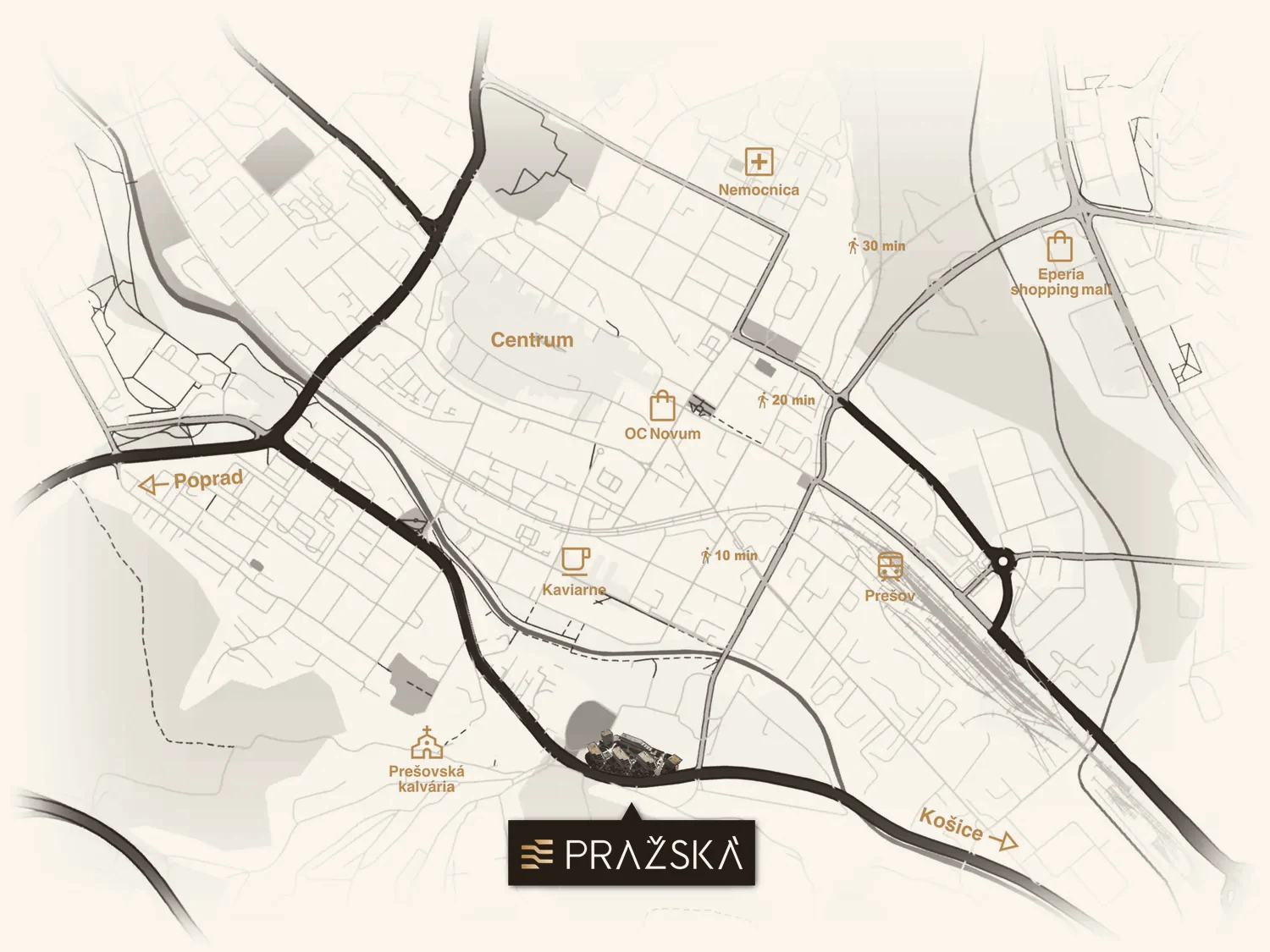 Mapa lokality projektu Pražská v Prešove s okolitými bodmi záujmu